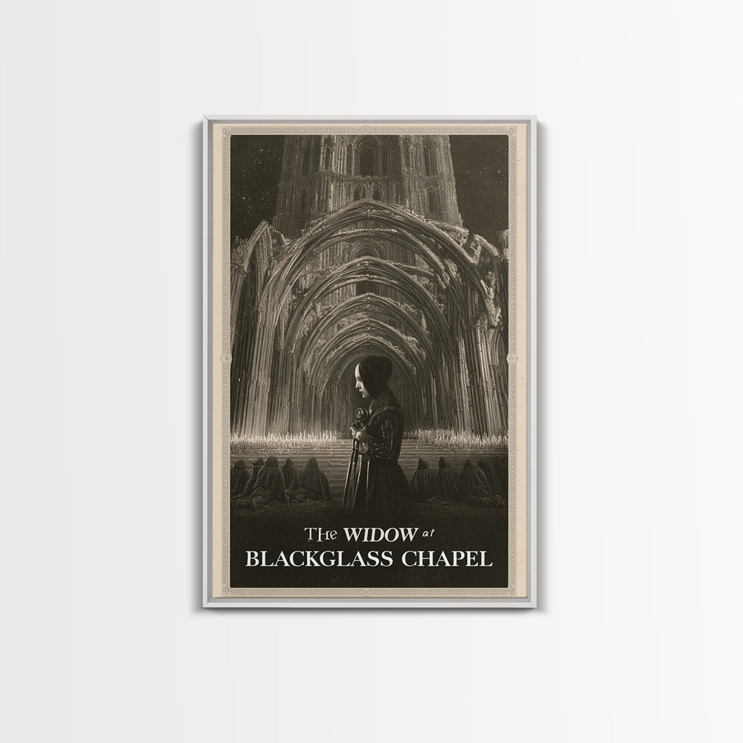 The Widow At Blackglass Chapel, English Language Horror Movie Poster, Gothic Engraving Art, Retro Horror Movie Art, Canvas Print
