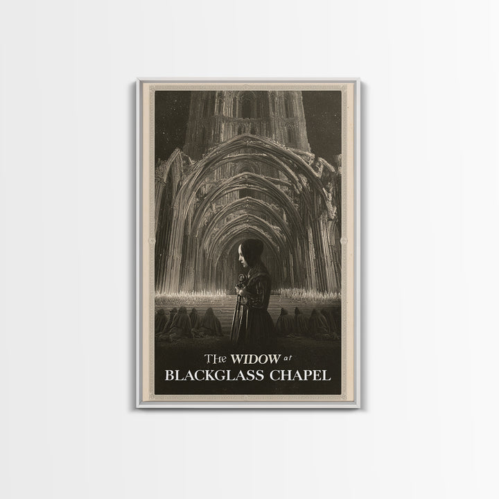 The Widow At Blackglass Chapel, English Language Horror Movie Poster, Gothic Engraving Art, Retro Horror Movie Art, Canvas Print