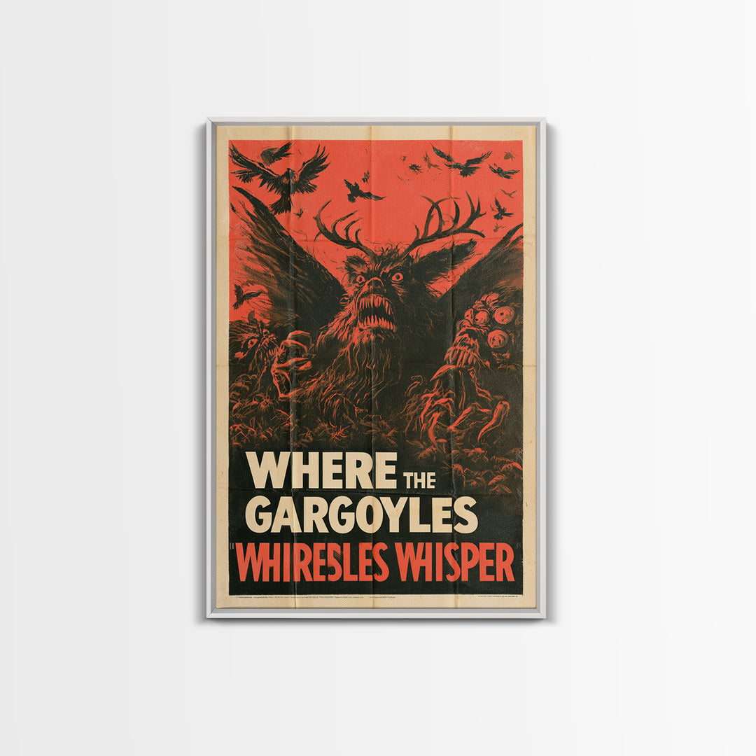 Where The Gargoyles Whisper, English Language Horror Movie Poster, 1950s Creature-Feature One-Sheet Inspired Art, Cult Horror Poster