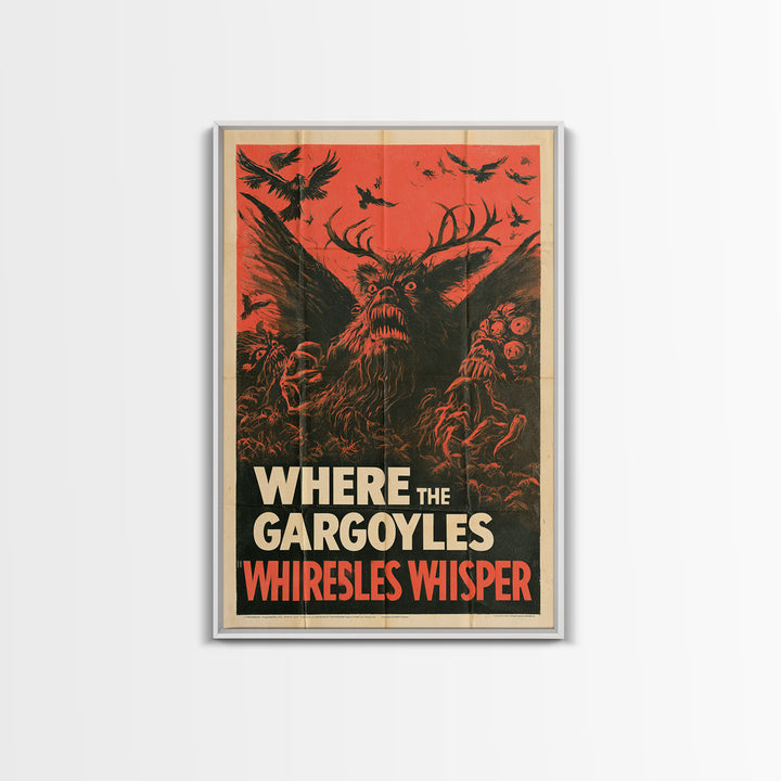Where The Gargoyles Whisper, English Language Horror Movie Poster, 1950s Creature-Feature One-Sheet Inspired Art, Cult Horror Poster