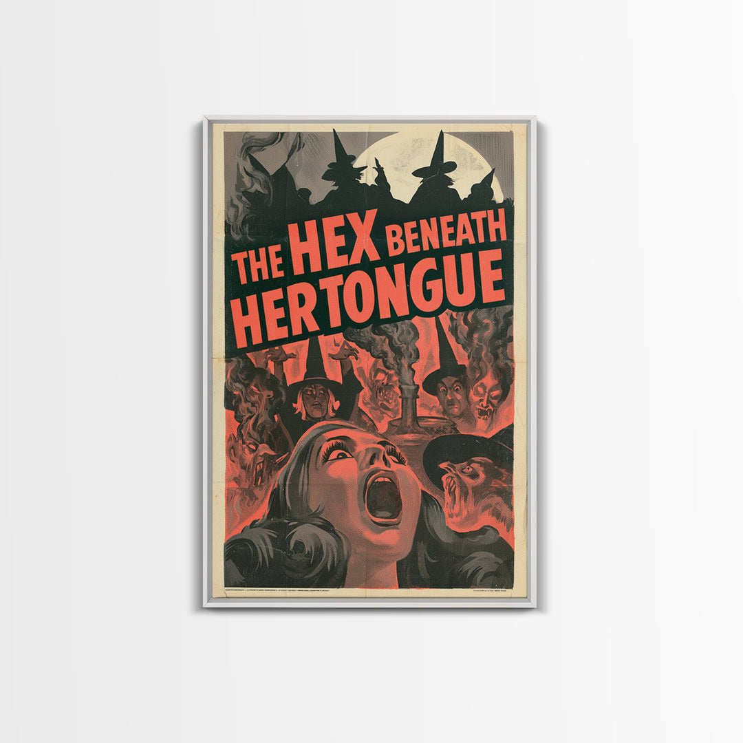 The Hex Beneath Her Tongue, English Language Horror Movie Poster, 1950s Creature-Feature One-Sheet Inspired Art, Gothic Cinema Wall Art