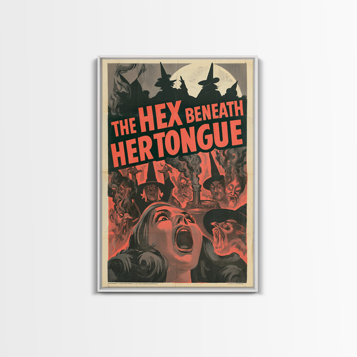 The Hex Beneath Her Tongue, English Language Horror Movie Poster, 1950s Creature-Feature One-Sheet Inspired Art, Gothic Cinema Wall Art