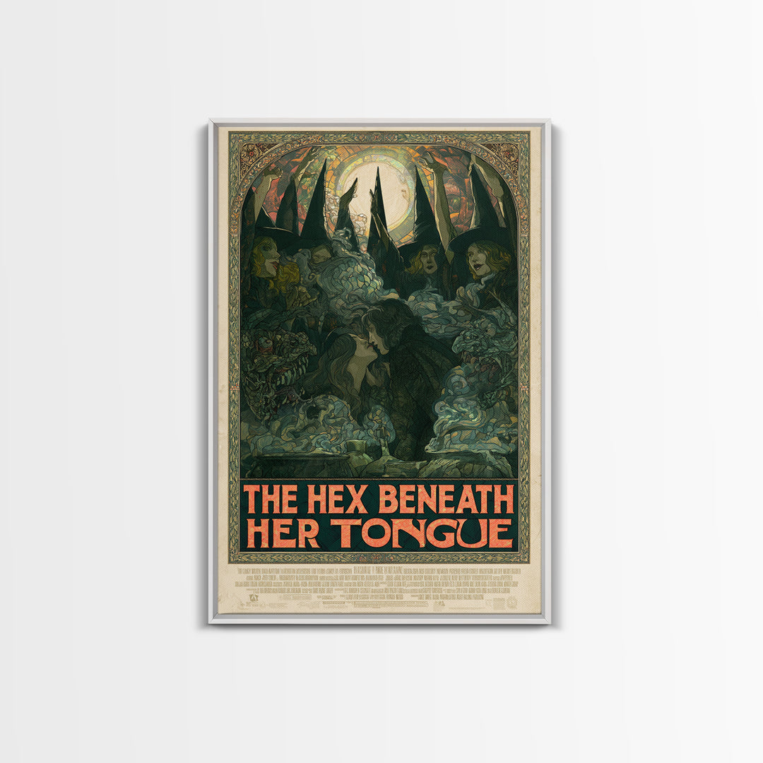 The Hex Beneath Her Tongue, English Language Horror Movie Poster, Stained Glass Gothic Art, Retro Horror Movie Art, Framed Canvas Print