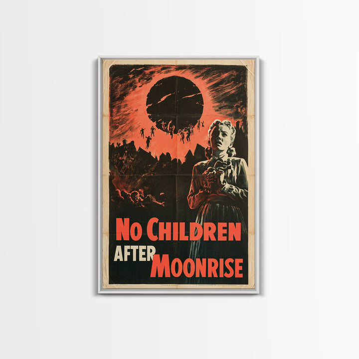 No Children After Moonrise, English Language Horror Movie Poster, 1950s Creature-Feature One-Sheet Inspired Art, Retro Horror Movie Art