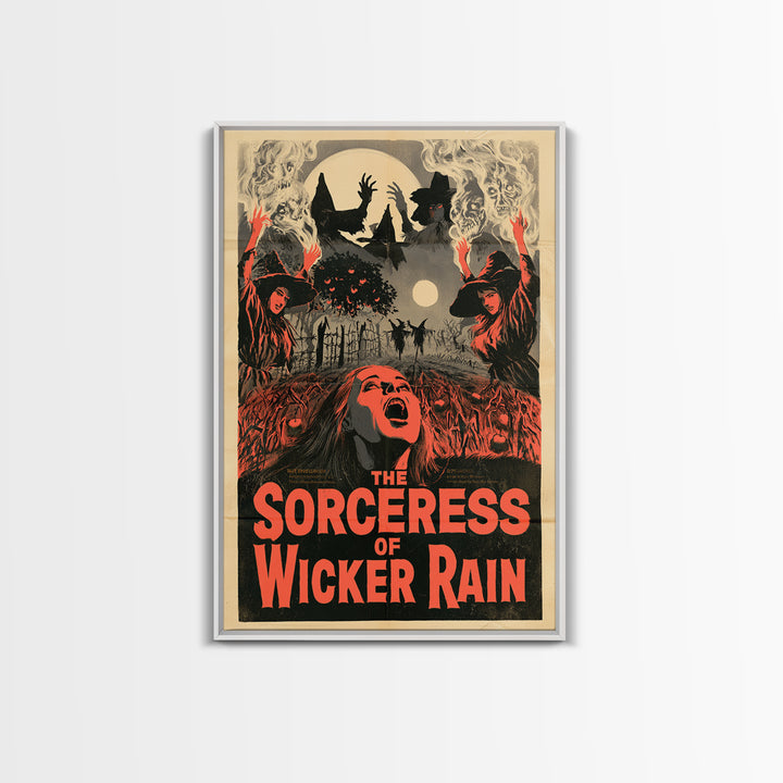 The Sorceress Of Wicker Rain, English Language Horror Movie Poster, 1950s Creature-Feature One-Sheet Inspired Art, Retro Horror Movie Art
