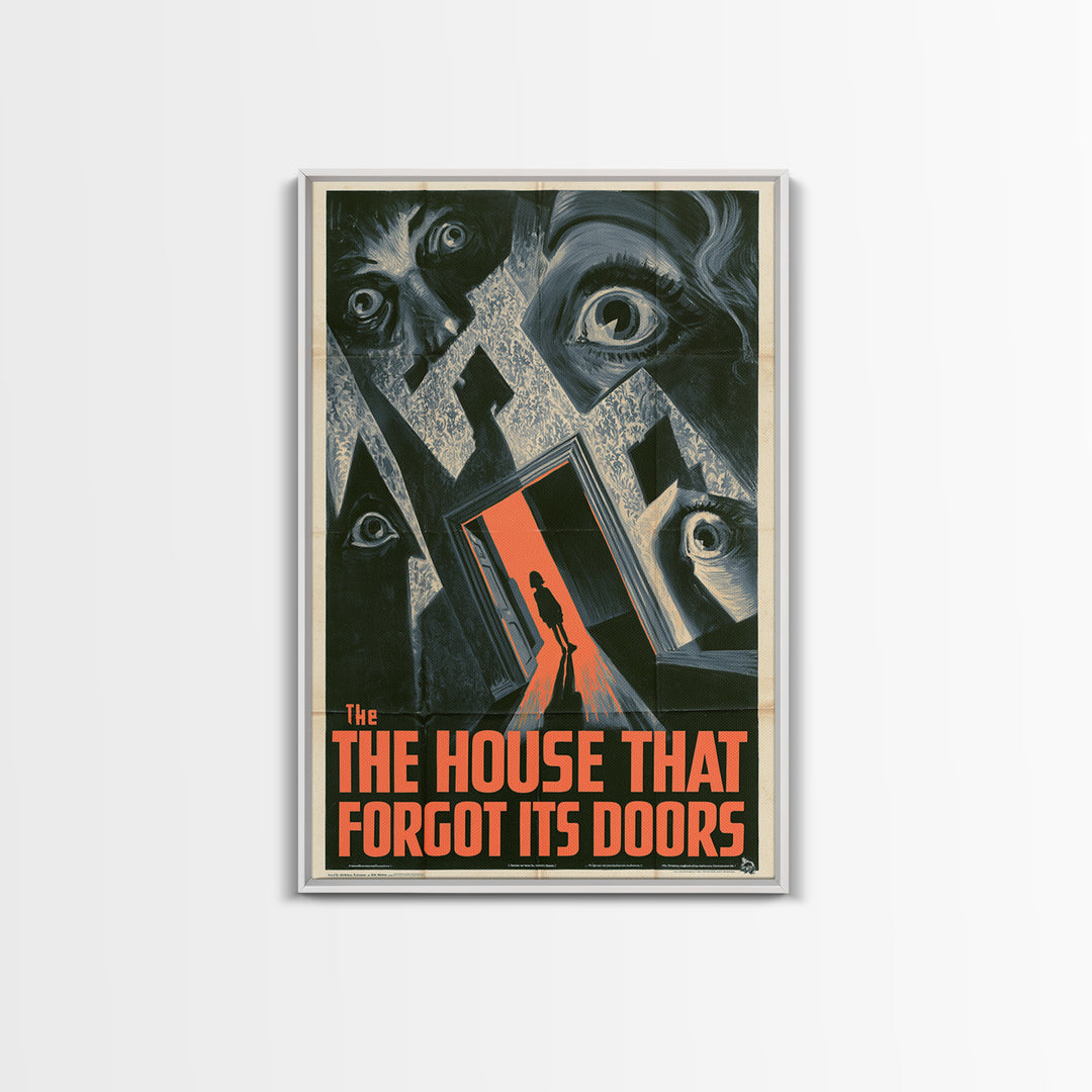 The House That Forgot Its Doors, English Language Horror Movie Poster, 1930s Horror Art, Retro Horror Movie Art, Framed Canvas Print