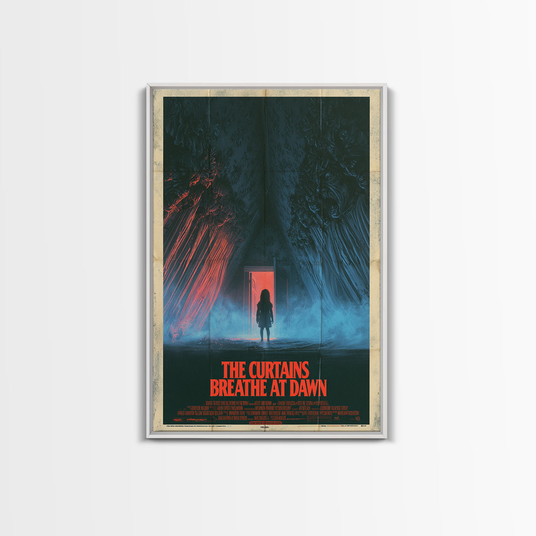 The Curtains Breathe At Dawn, English Language Horror Movie Poster, 1980s Vhs Nightmare Cover Inspired Art, Retro Horror Movie Art