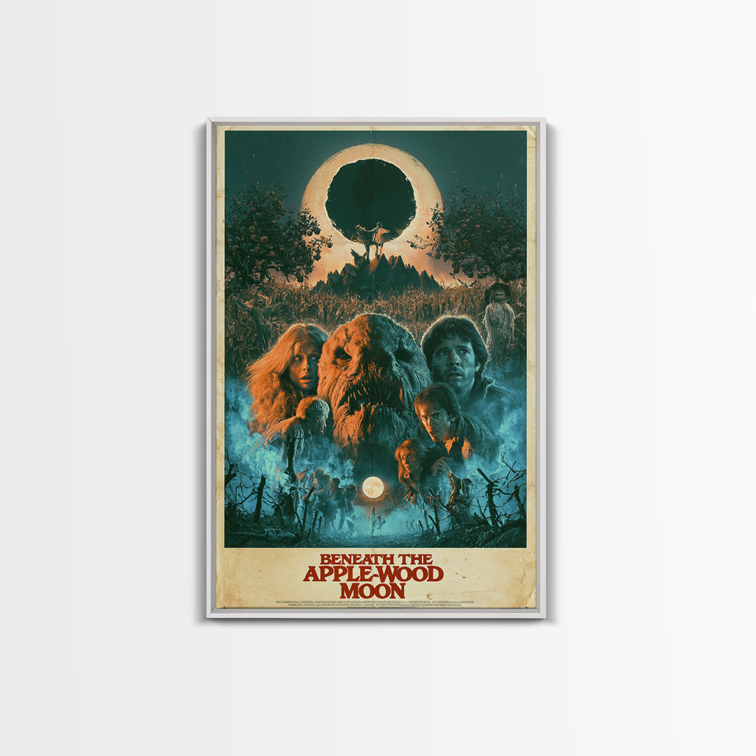 Beneath The Apple-Wood Moon, English Language Horror Movie Poster, 1980s Vhs Nightmare Cover Inspired Art, Retro Horror Movie Art