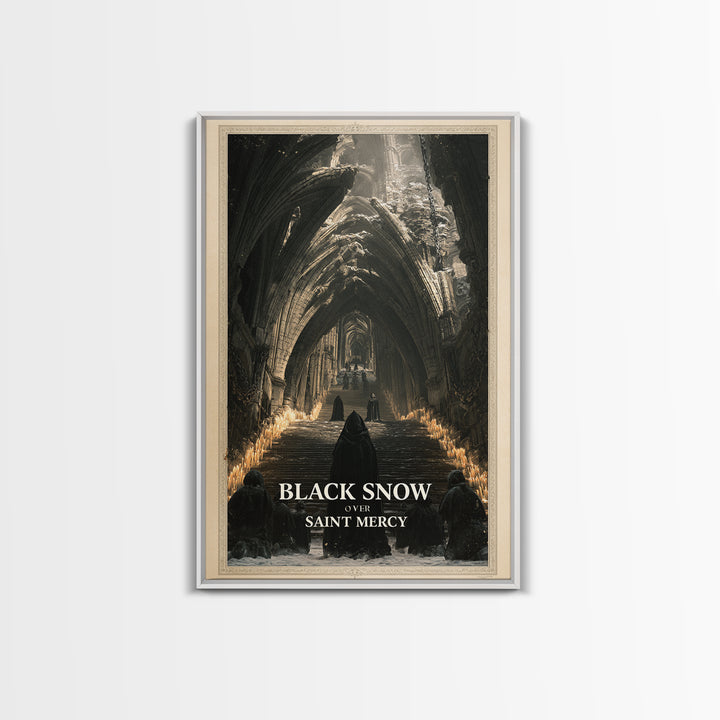 Black Snow Over Saint Mercy, English Language Horror Movie Poster, Architectural Etching Art, Classic Monster Poster