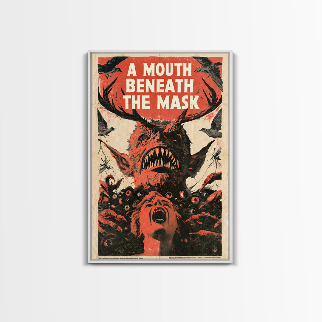 A Mouth Beneath The Mask, English Language Horror Movie Poster, 1950s Creature-Feature One-Sheet Inspired Art, Classic Monster Poster