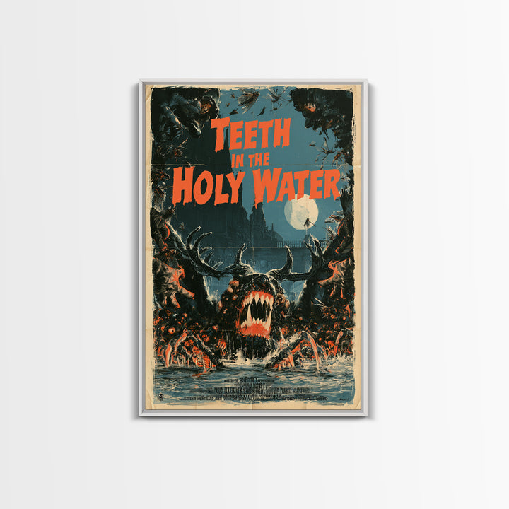Teeth In The Holy Water, English Language Horror Movie Poster, Giallo Horror Art, Classic Monster Poster, Framed Canvas Print