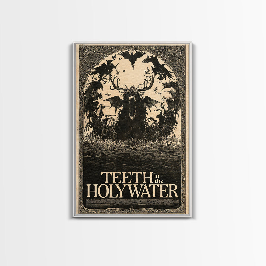 Teeth In The Holy Water, English Language Horror Movie Poster, Decadent Line Art, Classic Monster Poster, Framed Canvas Print