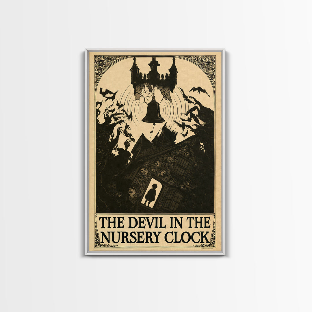 The Devil In The Nursery Clock, English Language Horror Movie Poster, Decadent Line Art, Cult Horror Poster, Framed Canvas Print