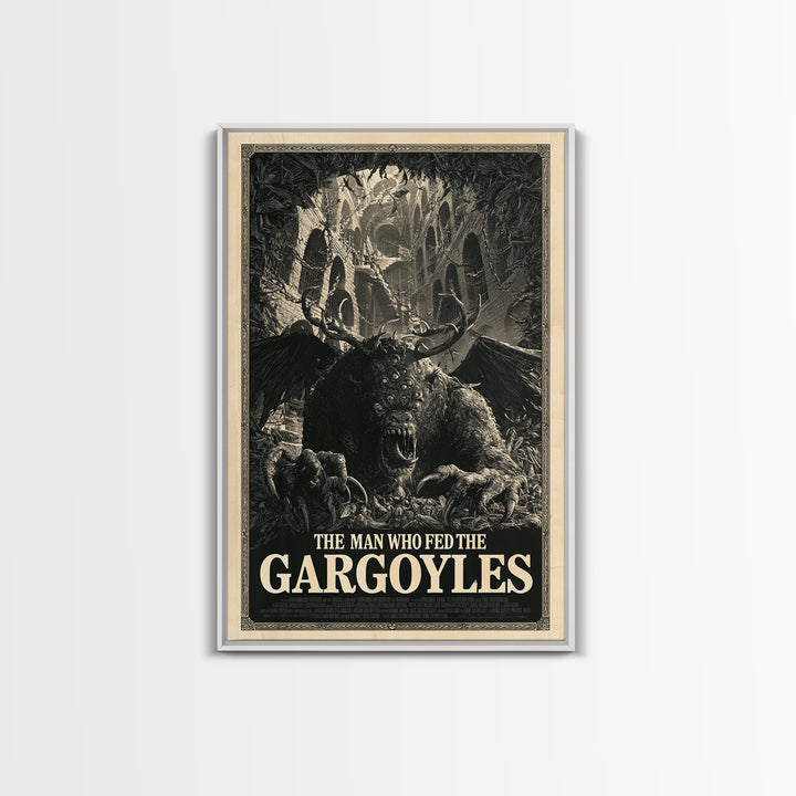 The Man Who Fed The Gargoyles, English Language Horror Movie Poster, Architectural Etching Art, Cult Horror Poster