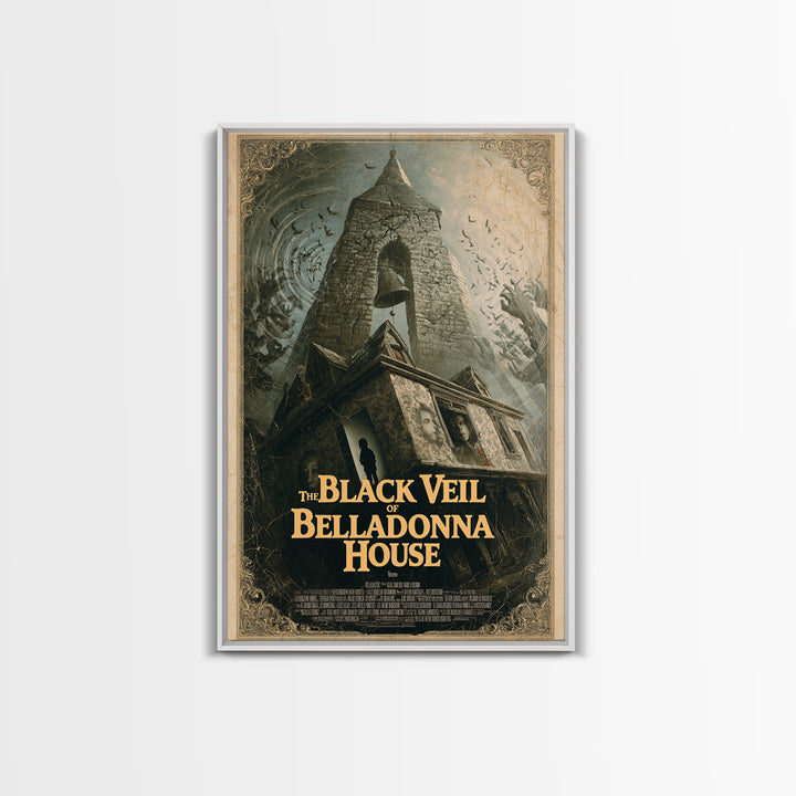 The Black Veil Of Belladonna House, English Language Horror Movie Poster, 1980s Vhs Nightmare Cover Inspired Art, Cult Horror Poster
