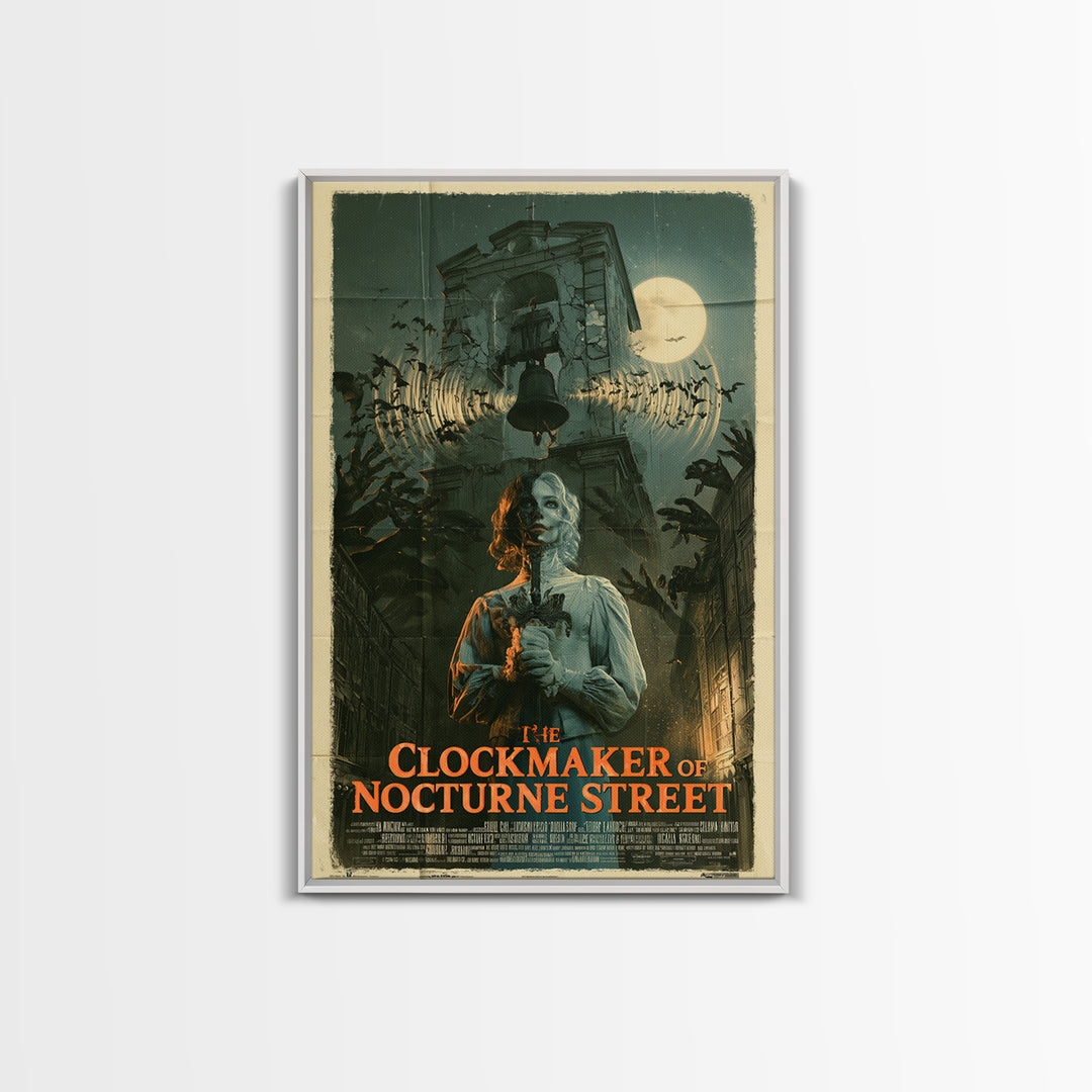 The Clockmaker Of Nocturne Street, English Language Horror Movie Poster, Giallo Horror Art, Retro Horror Movie Art, Framed Canvas Print