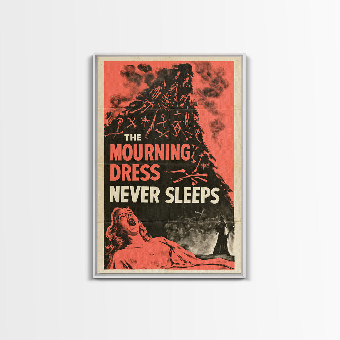 The Mourning Dress Never Sleeps, English Language Horror Movie Poster, 1950s Creature-Feature One-Sheet Inspired Art, Gothic Cinema Wall Art