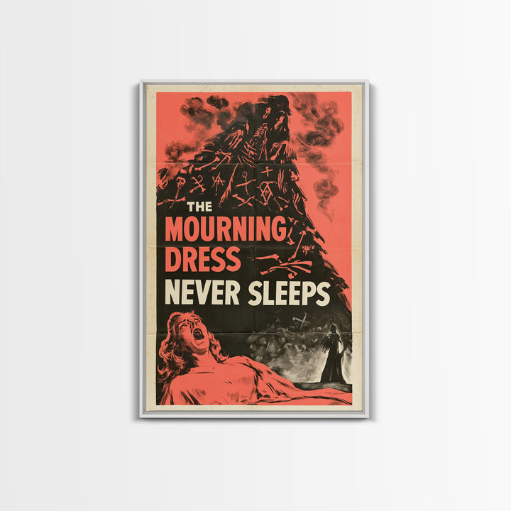 The Mourning Dress Never Sleeps, English Language Horror Movie Poster, 1950s Creature-Feature One-Sheet Inspired Art, Gothic Cinema Wall Art