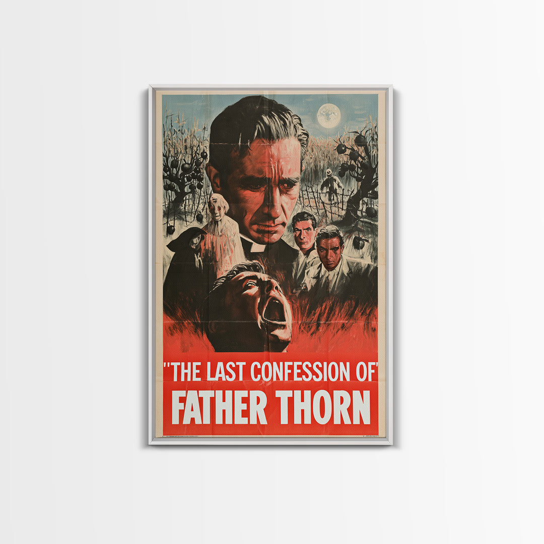 The Last Confession Of Father Thorn, English Language Horror Movie Poster, 1950s Creature-Feature One-Sheet Inspired Art, Cult Horror Poster