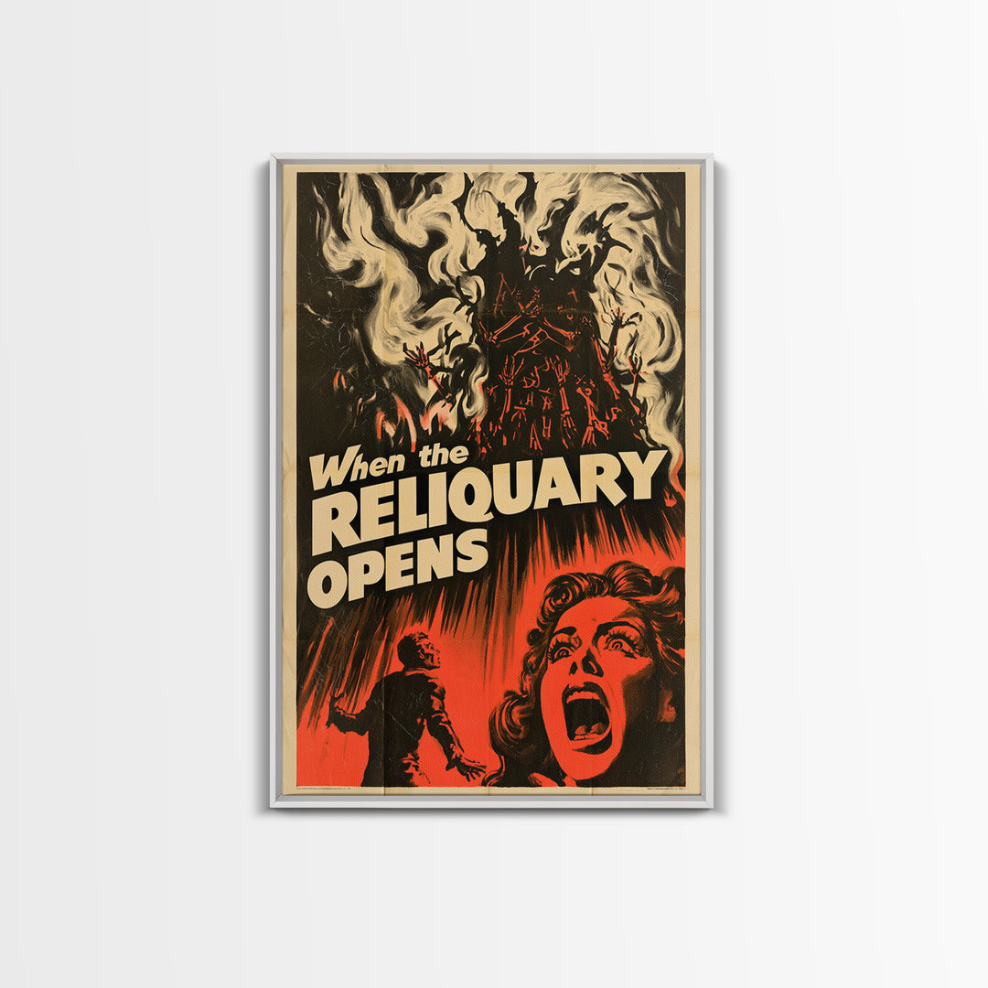When The Reliquary Opens, English Language Horror Movie Poster, 1950s Creature-Feature One-Sheet Inspired Art, Gothic Cinema Wall Art