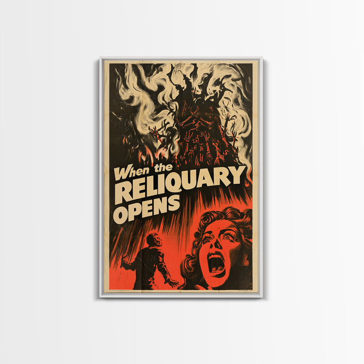 When The Reliquary Opens, English Language Horror Movie Poster, 1950s Creature-Feature One-Sheet Inspired Art, Gothic Cinema Wall Art