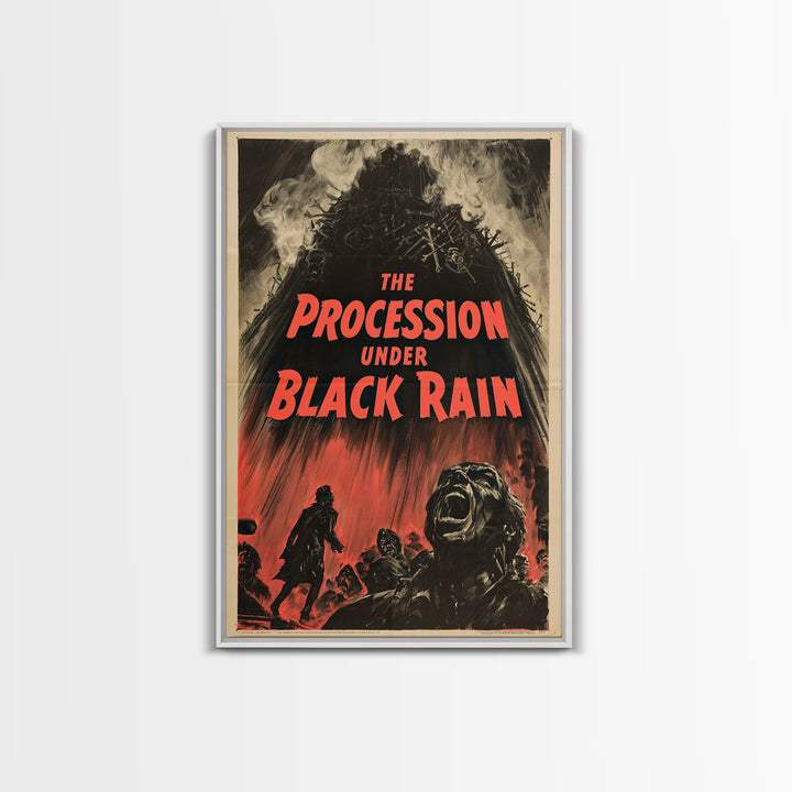 The Procession Under Black Rain, English Language Horror Movie Poster, 1950s Creature-Feature One-Sheet Inspired Art, Cult Horror Poster