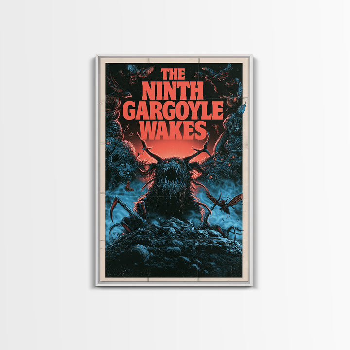 The Ninth Gargoyle Wakes, English Language Horror Movie Poster, 1980s Vhs Nightmare Cover Inspired Art, Classic Monster Poster