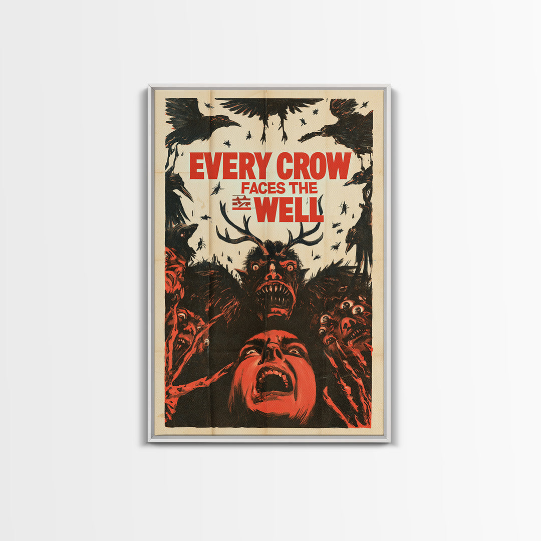 Every Crow Faces The Well, English Language Horror Movie Poster, 1950s Creature-Feature One-Sheet Inspired Art, Classic Monster Poster