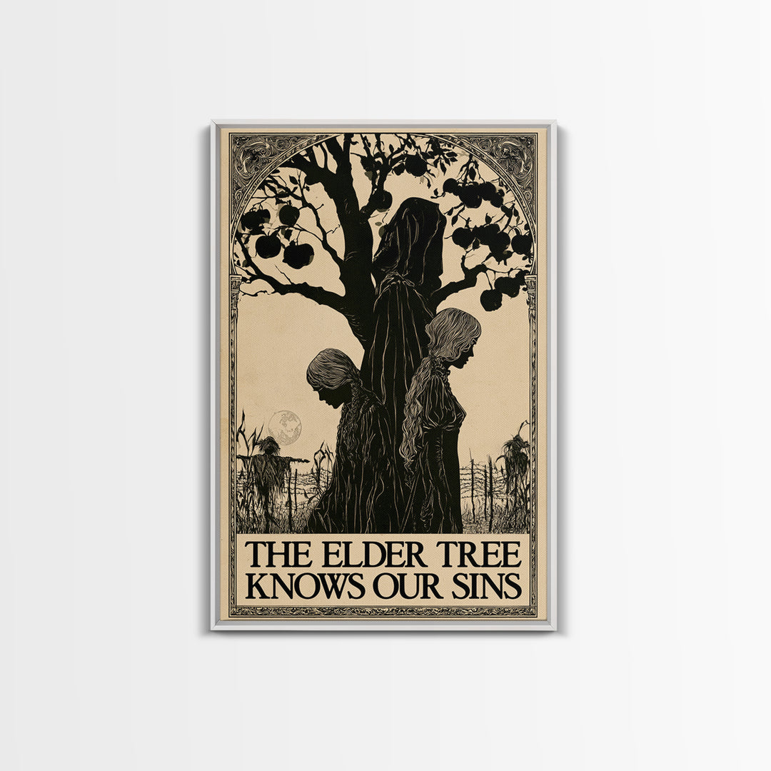 The Elder Tree Knows Our Sins, English Language Horror Movie Poster, Decadent Line Art, Classic Monster Poster, Canvas Print