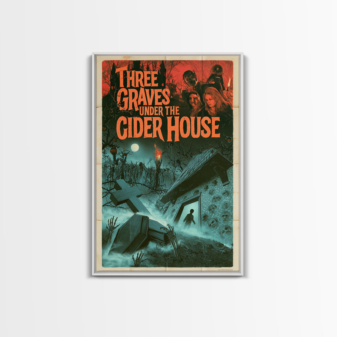 Three Graves Under The Cider House, English Language Horror Movie Poster, 1960s Horror Art, Gothic Cinema Wall Art, Framed Canvas Print