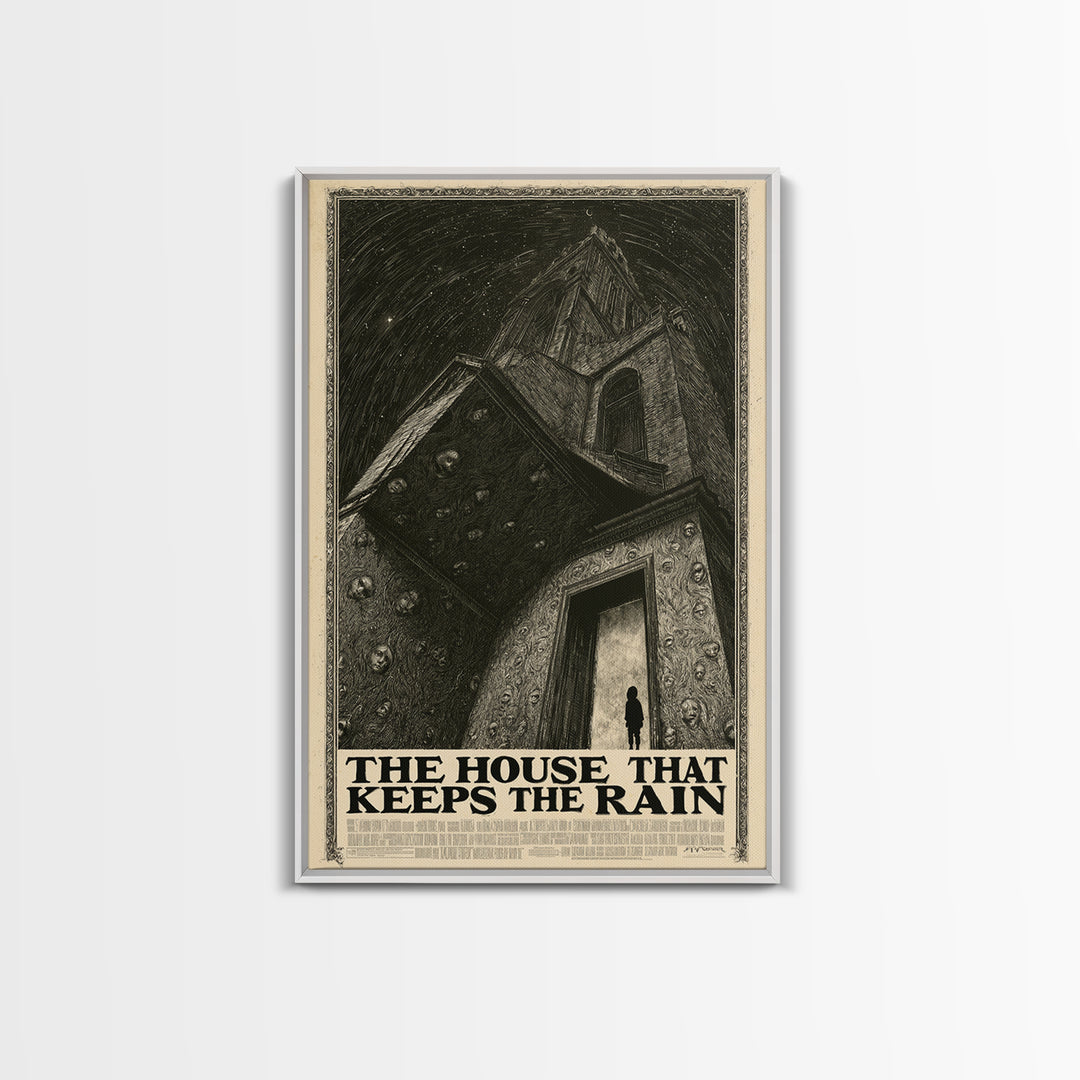 The House That Keeps The Rain, English Language Horror Movie Poster, Gothic Engraving Art, Retro Horror Movie Art, Framed Canvas Print