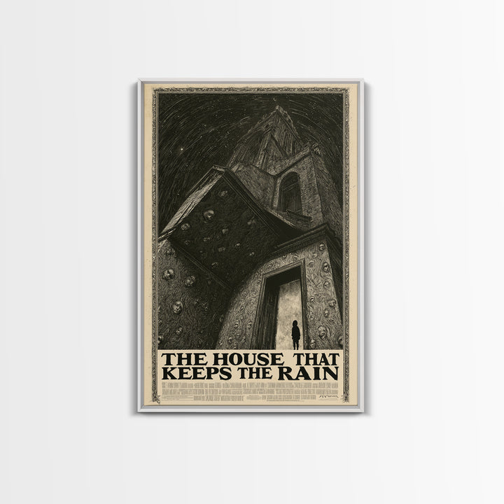 The House That Keeps The Rain, English Language Horror Movie Poster, Gothic Engraving Art, Retro Horror Movie Art, Framed Canvas Print
