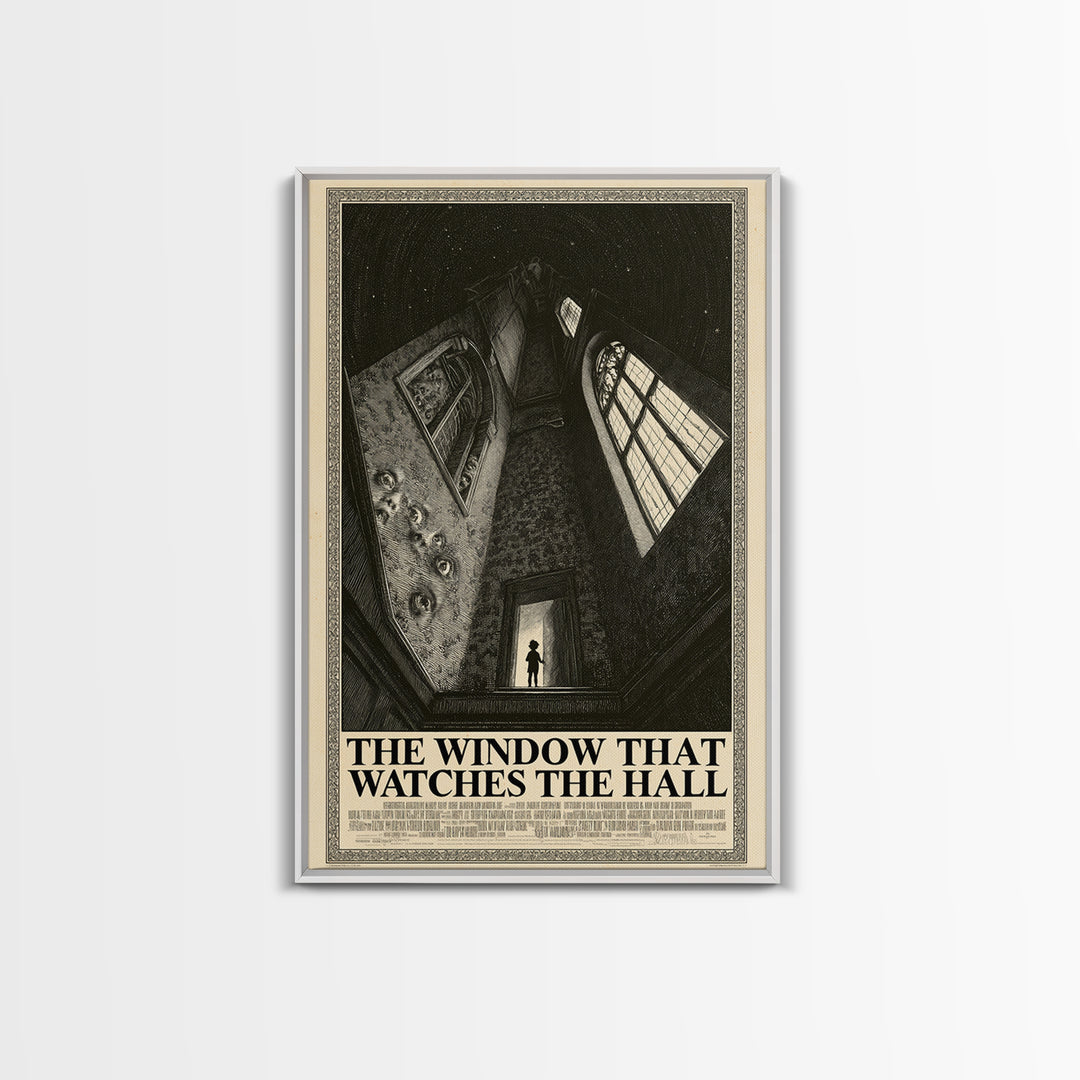 The Window That Watches The Hall, English Language Horror Movie Poster, Gothic Engraving Art, Cult Horror Poster, Framed Canvas Print