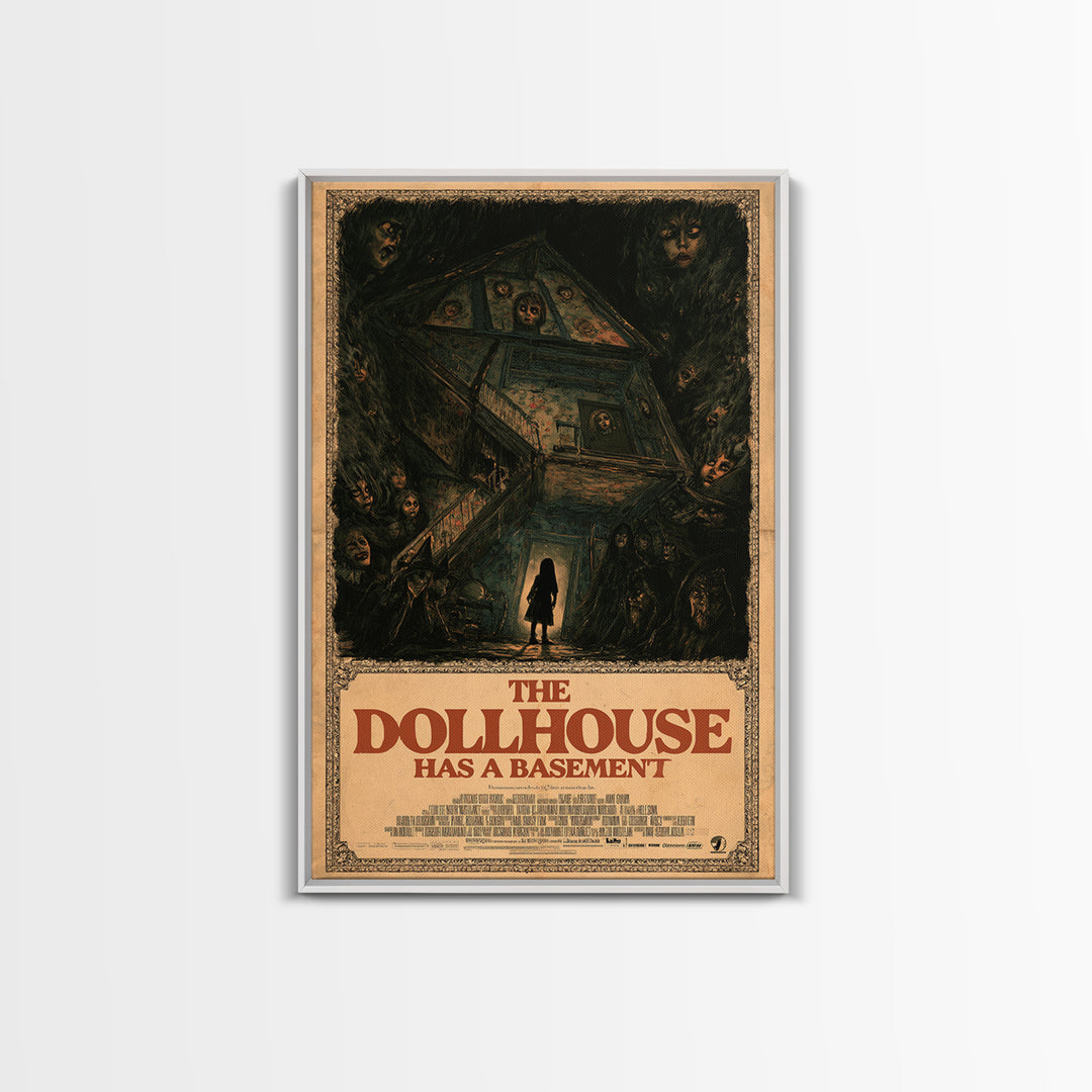 The Dollhouse Has A Basement, English Language Horror Movie Poster, Dark Romantic Horror Art, Retro Horror Movie Art, Framed Canvas Print