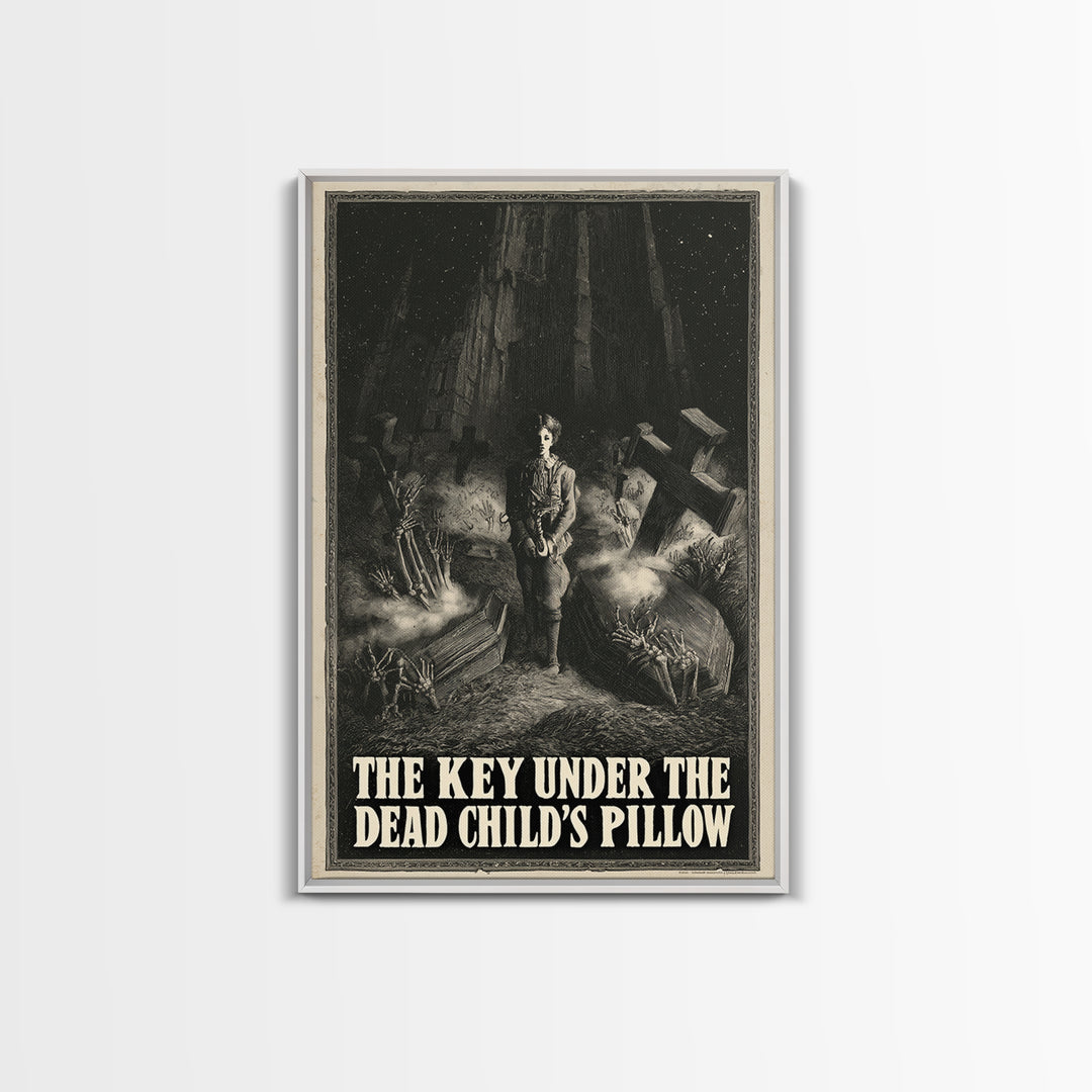 The Key Under The Dead Child'S Pillow, English Language Horror Movie Poster, Gothic Engraving Art, Retro Horror Movie Art, Canvas Print