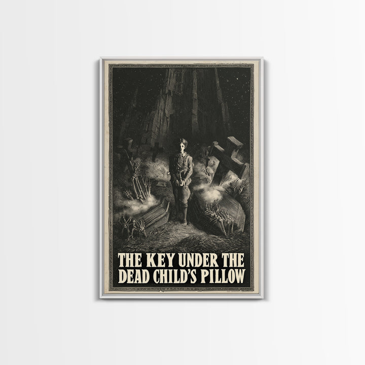 The Key Under The Dead Child'S Pillow, English Language Horror Movie Poster, Gothic Engraving Art, Retro Horror Movie Art, Canvas Print