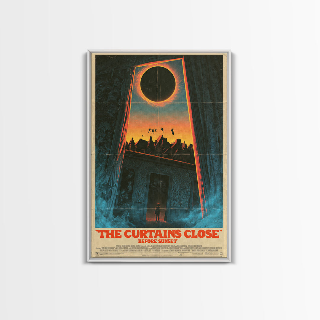 The Curtains Close Before Sunset, English Language Horror Movie Poster, 1980s Vhs Nightmare Cover Inspired Art, Cult Horror Poster