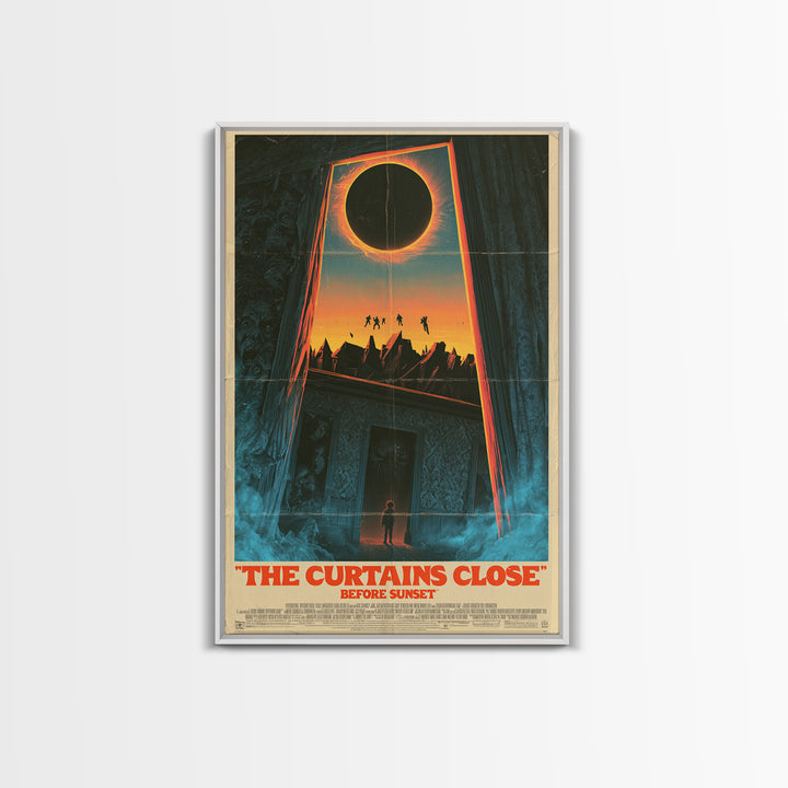 The Curtains Close Before Sunset, English Language Horror Movie Poster, 1980s Vhs Nightmare Cover Inspired Art, Cult Horror Poster