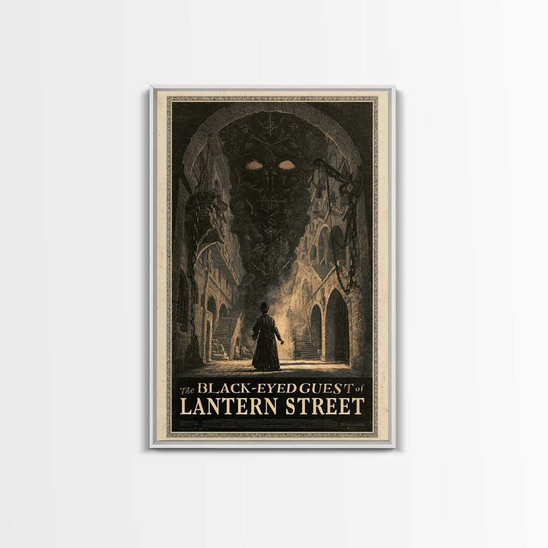 The Black-Eyed Guest Of Lantern Street, English Language Horror Movie Poster, Architectural Etching Art, Framed Canvas Print