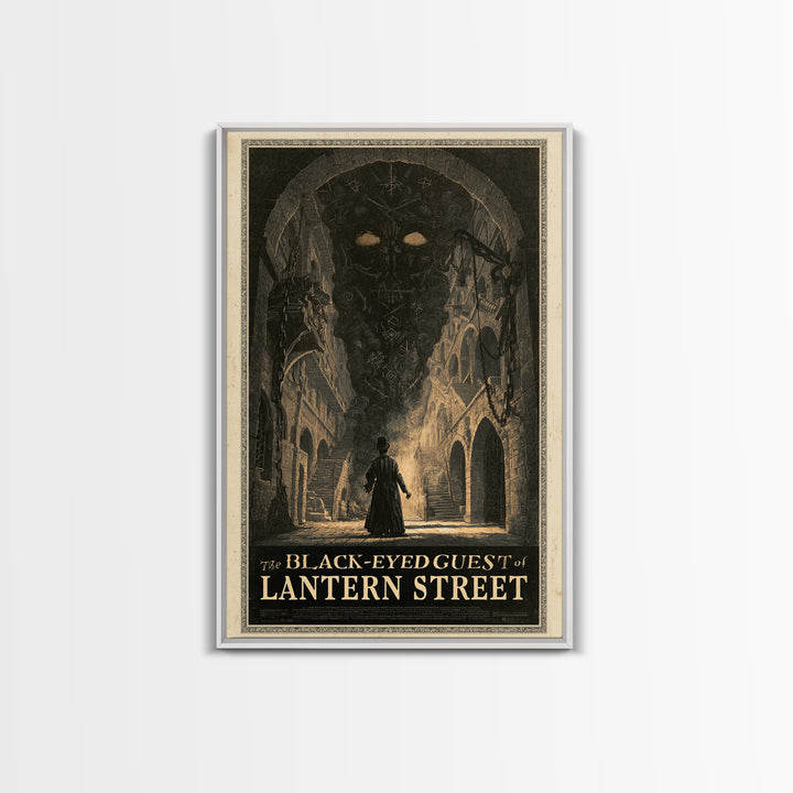 The Black-Eyed Guest Of Lantern Street, English Language Horror Movie Poster, Architectural Etching Art, Framed Canvas Print