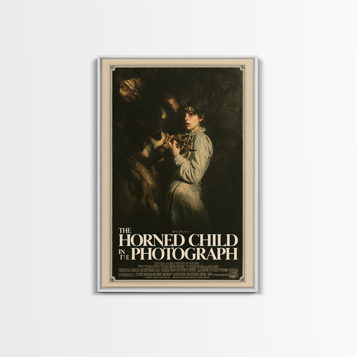The Horned Child In The Photograph, English Language Horror Movie Poster, Gothic Nightmare Art, Gothic Cinema Wall Art, Canvas Print