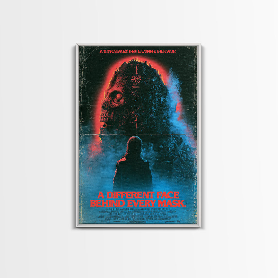 A Different Face Behind Every Mask, English Language Horror Movie Poster, 1980s Vhs Nightmare Cover Inspired Art, Classic Monster Poster