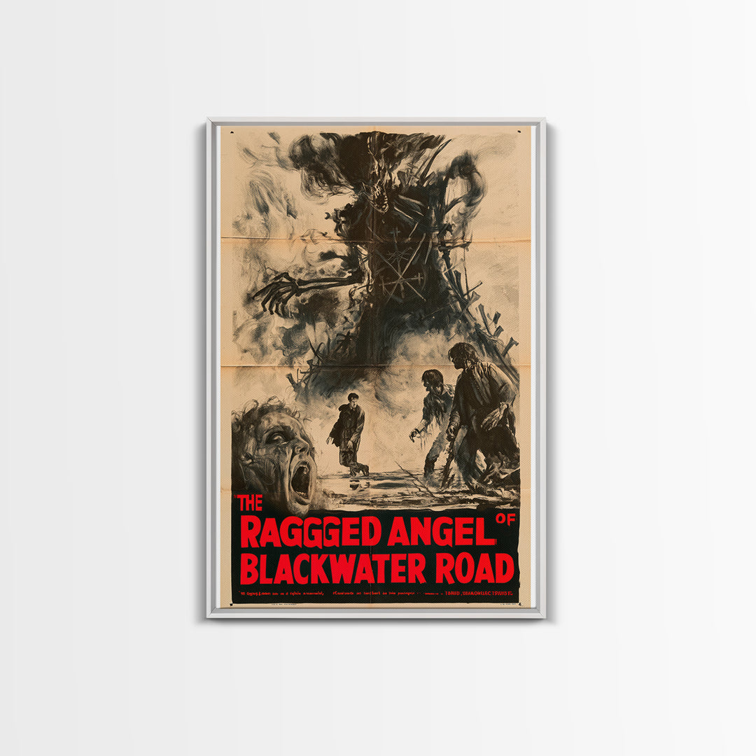 The Ragged Angel Of Blackwater Road, English Language Horror Movie Poster, 1950s Creature-Feature One-Sheet Inspired Art, Cult Horror Poster