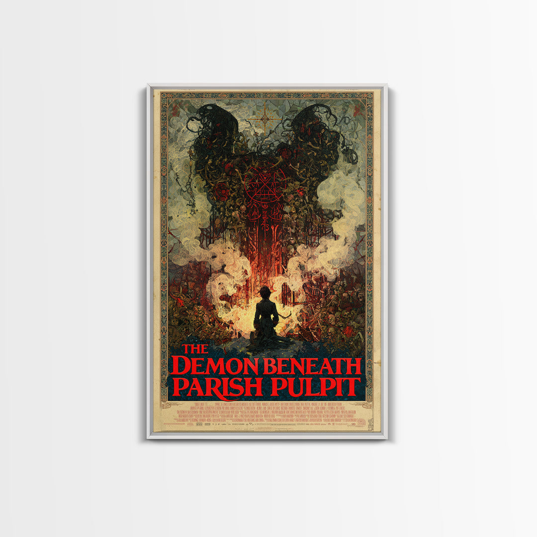 The Demon Beneath The Parish Pulpit, English Language Horror Movie Poster, Stained Glass Gothic Art, Gothic Cinema Wall Art, Canvas Print