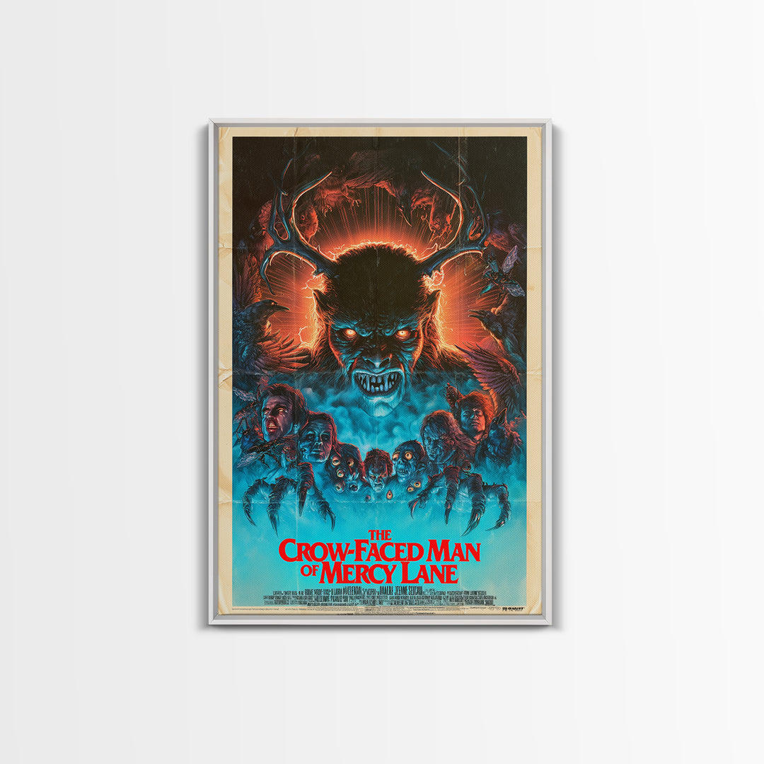 The Crow-Faced Man Of Mercy Lane, English Language Horror Movie Poster, 1980s Vhs Nightmare Cover Inspired Art, Classic Monster Poster