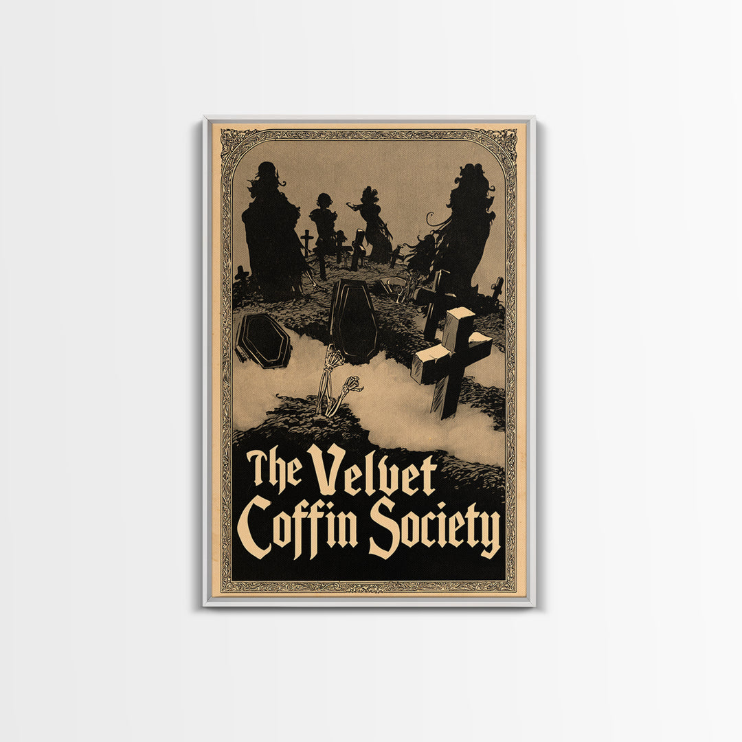 The Velvet Coffin Society, English Language Horror Movie Poster, Decadent Line Art, Gothic Cinema Wall Art, Framed Canvas Print