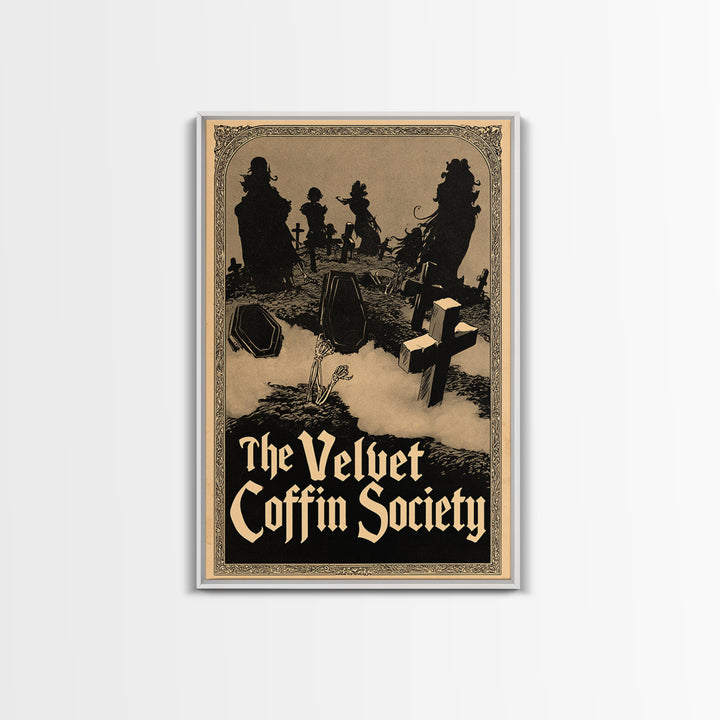 The Velvet Coffin Society, English Language Horror Movie Poster, Decadent Line Art, Gothic Cinema Wall Art, Framed Canvas Print