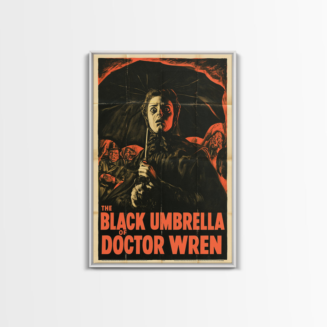 The Black Umbrella Of Doctor Wren, English Language Horror Movie Poster, 1950s Creature-Feature One-Sheet Inspired Art, Framed Canvas Print