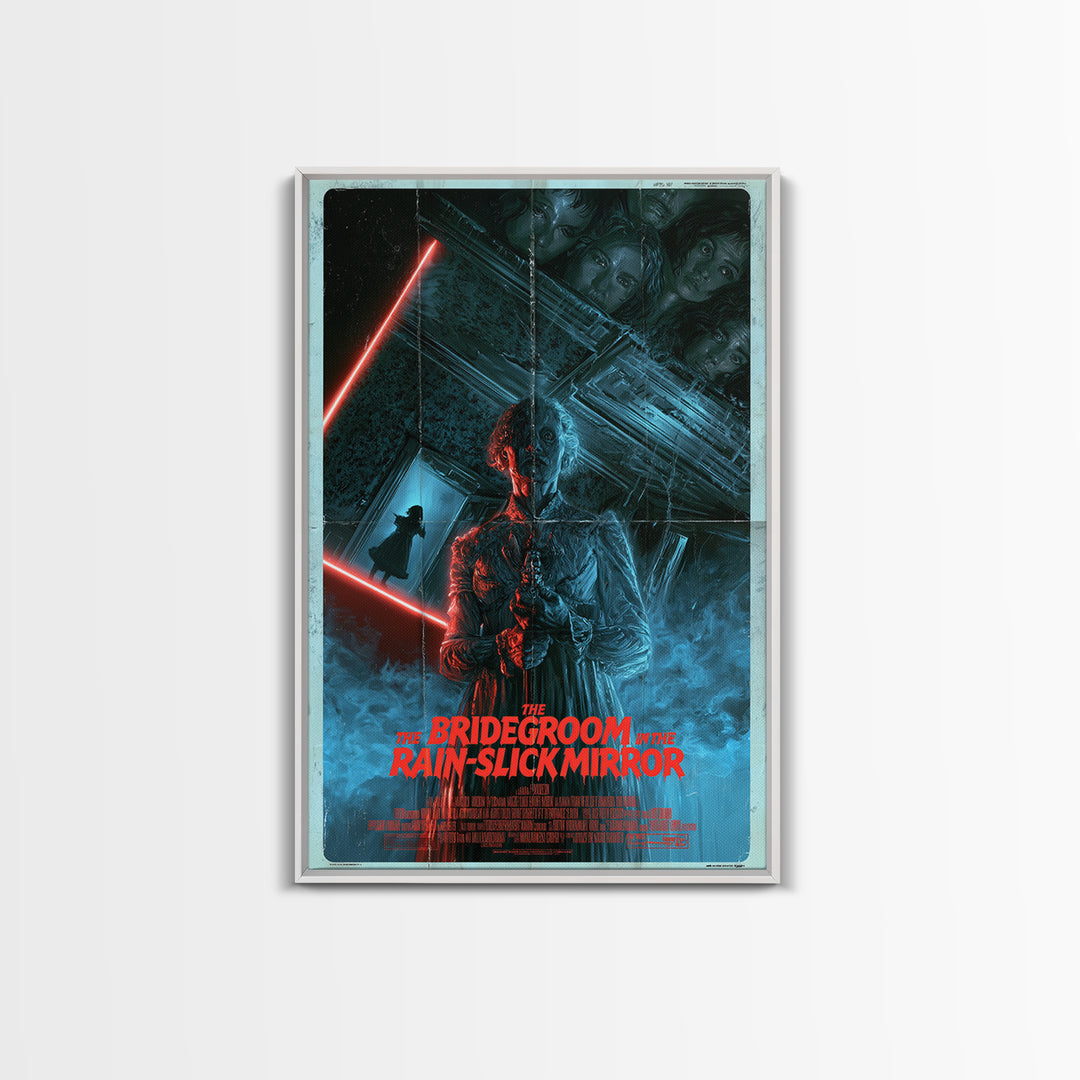 The Bridegroom In The Rain-Slick Mirror, English Language Horror Movie Poster, 1980s Vhs Nightmare Cover Inspired Art, Framed Canvas Print