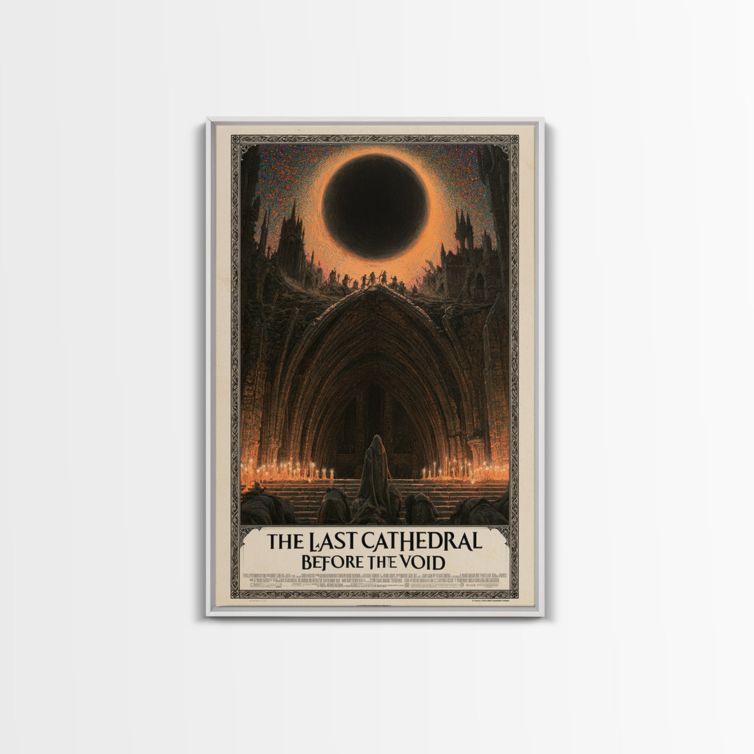 The Last Cathedral Before The Void, English Language Horror Movie Poster, Stained Glass Gothic Art, Retro Horror Movie Art